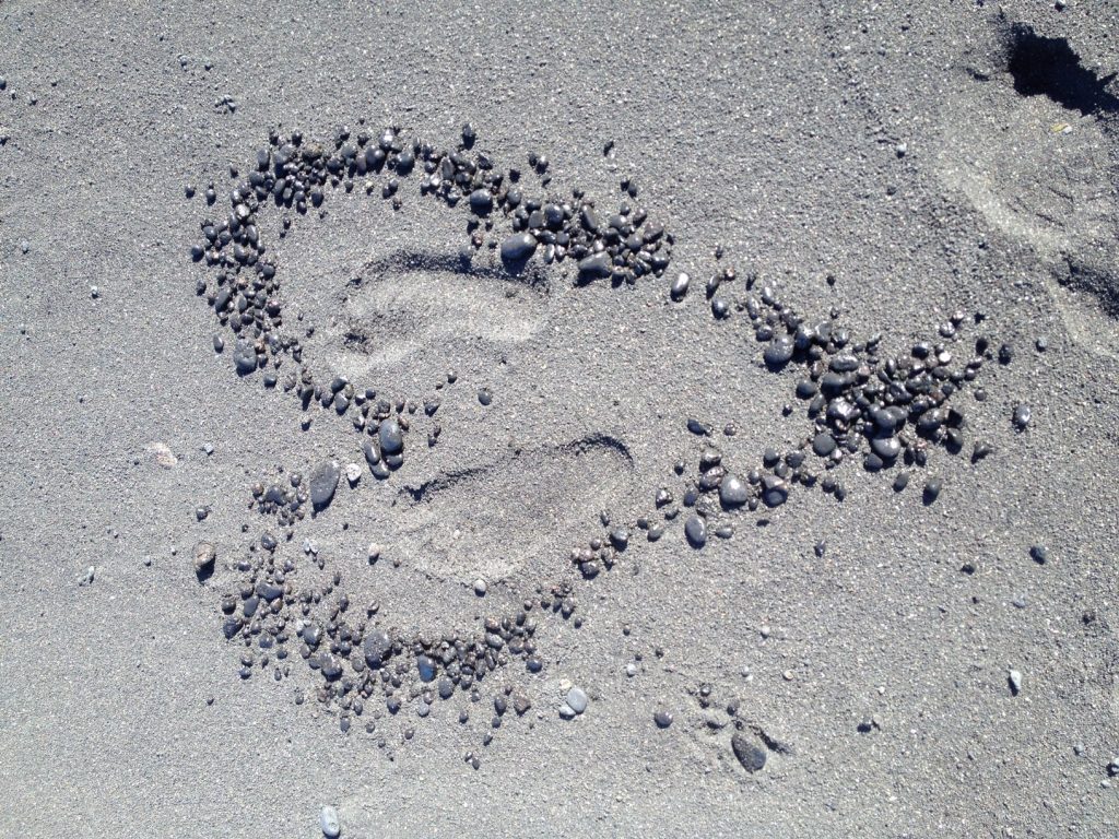 Jalanjäljet tulivuorihiekassa/Foot prints in volcanic sand